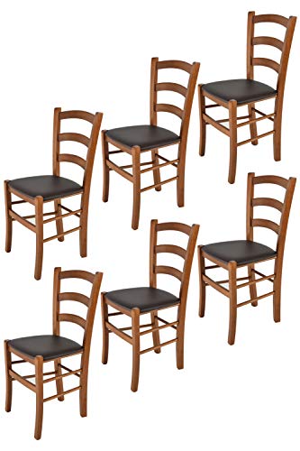 Tommychairs - 6er Set Stühle VENICE für Küche und Esszimmer, Struktur aus lackiertem Buchenholz im Farbton helles Nussbraun und gepolsterte Sitzfläche mit Kunstleder in der Farbe Mokka bezogen von t m c s