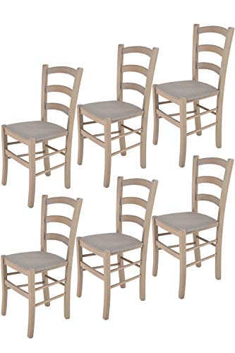 Tommychairs - 6er Set Stühle VENICE für Küche und Esszimmer, robuste Struktur aus lackiertem Buchenholz in Anilinfarbe Hellgrau und gepolsterte Sitzfläche mit STOFF in der Farbe Gämsebraun bezogen von t m c s