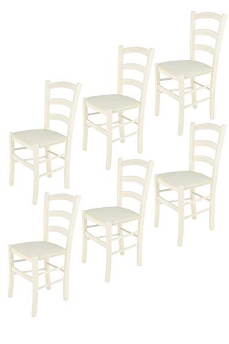 Tommychairs - 6er Set Stühle VENICE für Küche und Esszimmer, robuste Struktur aus lackiertem Buchenholz in Anilinfarbe Weiss und gepolsterte Sitzfläche mit STOFF in der Farbe Elfenbein bezogen von t m c s