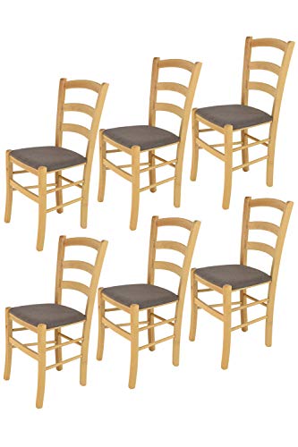 Tommychairs - 6er Set Stühle Venice für Küche und Esszimmer, robuste Struktur aus lackiertem Buchenholz Farbe Naturfarben und gepolsterte Sitzfläche mit Stoff Farbe Rehbraun bezogen von t m c s
