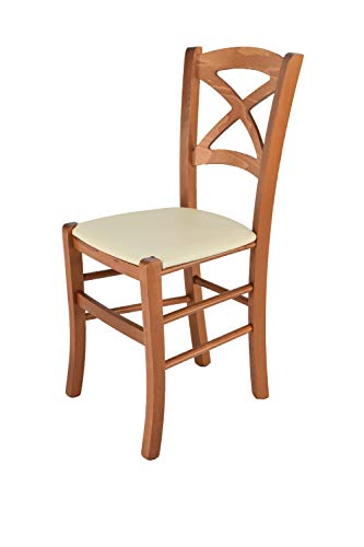 t m c s Tommychairs - Stuhl Cross für Küche und Esszimmer, Robuste Struktur aus lackiertem Buchenholz im Farbton Kirschholz und gepolsterte Sitzfläche mit Kunstleder in der Farbe Elfenbein bezogen von t m c s