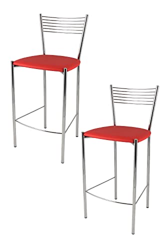 t m c s Tommychairs - 2er Set Moderne Barhocker Elegance für Küche und Esszimmer, Robustes Gestell aus verchromtem Stahl, gepolsterte Sitzfläche mit rotem Kunstleder bezogen von t m c s