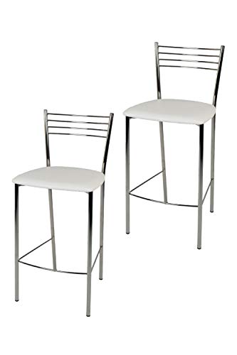 t m c s Tommychairs - 2er Set Moderne Barhocker Elena für Küche und Esszimmer, Robustes Gestell aus verchromtem Stahl, gepolsterte Sitzfläche mit weissem Kunstleder bezogen von t m c s