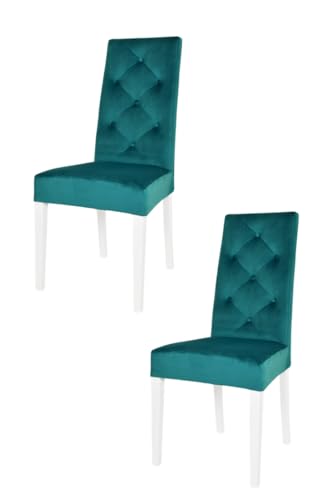 t m c s Tommychairs - 2er Set Moderne Stühle Chantal für Küche und Esszimmer, robuste Struktur aus lackiertem Buchenholz Farbe Weiss, gepolstert und mit Wasserblau Samt bezogen von t m c s