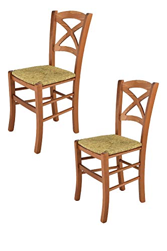 t m c s Tommychairs - 2er Set Stühle Cross für Küche und Esszimmer, Robuste Struktur aus lackiertem Buchenholz im Farbton Kirschholz und Sitzfläche aus Stroh von t m c s