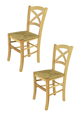 t m c s Tommychairs - 2er Set Stühle Cross für Küche und Esszimmer, Robuste Struktur aus lackiertem Buchenholz im Farbton Naturfarben und Sitzfläche aus Stroh von t m c s