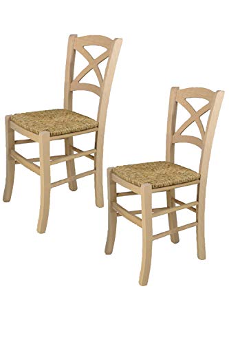 t m c s Tommychairs - 2er Set Stühle Cross für Küche und Esszimmer, robuste Struktur aus poliertem Buchenholz, unbehandelt und 100% natürlich, Sitzfläche aus echtem Stroh von t m c s