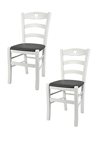 t m c s Tommychairs - 2er Set Stühle Cuore für Küche und Esszimmer, Robuste Struktur aus Buchenholz, deckend Weiss lackiert und gepolsterte Sitzfläche mit Kunstleder in der Farbe Dunkelgrau bezogen von t m c s
