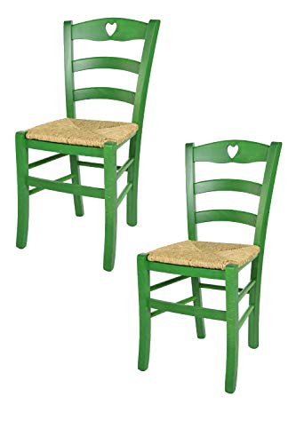 t m c s Tommychairs - 2er Set Stühle Cuore für Küche und Esszimmer, Robuste Struktur aus Buchenholz, in Anilinfarbe Grün lackiert und Sitzfläche aus Stroh von t m c s