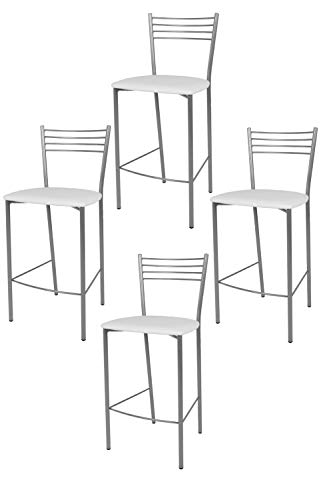 t m c s Tommychairs - 4er Set Moderne Barhocker Elena für Küche und Esszimmer, Robustes Gestell aus lackiertem Stahl, Farbe Aluminium, gepolsterte Sitzfläche mit Kunstleder in der Farbe Weiss bezogen von t m c s