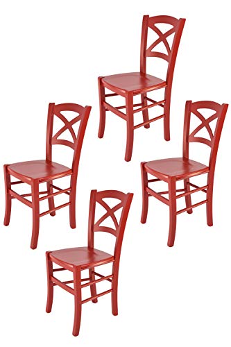 t m c s Tommychairs - 4er Set Stühle Cross für Küche und Esszimmer, robuste Struktur aus lackiertem Buchenholz im Farbton Rot und Sitzfläche aus lackiertem Holz in der Farbe Rot von t m c s