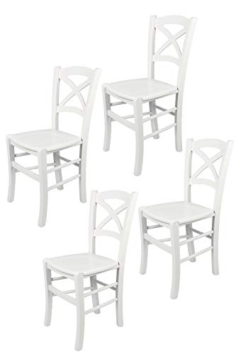 t m c s Tommychairs - 4er Set Stühle Cross für Küche und Esszimmer, robuste Struktur aus lackiertem Buchenholz im Farbton Weiss und Sitzfläche aus lackiertem Holz in der Farbe Weiss von t m c s