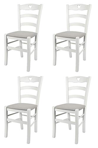 t m c s Tommychairs - 4er Set Stühle Cuore für Küche und Esszimmer, Robuste Struktur aus Buchenholz, deckend Weiss lackiert und gepolsterte Sitzfläche mit Stoff in der Farbe Perlgrau bezogen von t m c s