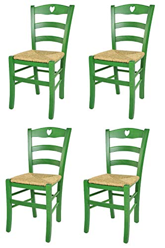 t m c s Tommychairs - 4er Set Stühle Cuore für Küche und Esszimmer, Robuste Struktur aus Buchenholz, in Anilinfarbe Grün lackiert und Sitzfläche aus Stroh von t m c s