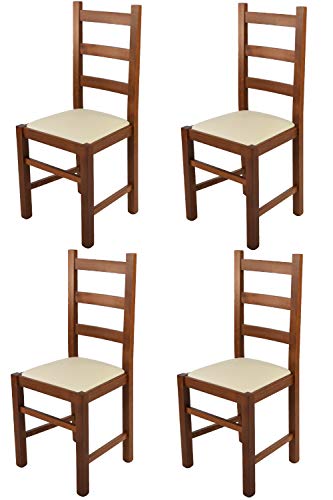 t m c s Tommychairs - 4er Set Stühle Rustica, Robuste Struktur aus Buchenholz, in der Farbe Helles Nussbraun lackiert und gepolsterte Sitzfläche mit Kunstleder in der FarbeElfenbein bezogen von t m c s