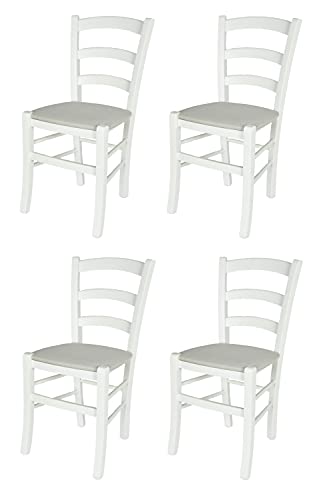 t m c s Tommychairs - 4er Set Stühle Venezia für Küche und Esszimmer, Robuste Struktur aus Buchenholz, deckend Weiss lackiert und gepolsterte Sitzfläche mit Stoff in der Farbe Auster Weiß bezogen von t m c s