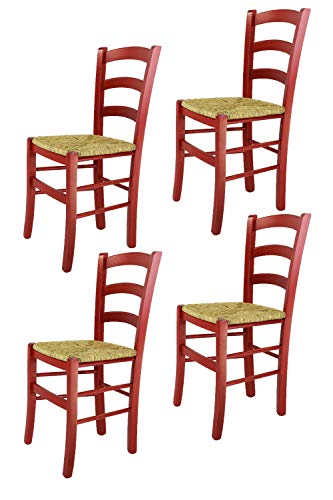 t m c s Tommychairs - 4er Set Stühle Venezia für Küche und Esszimmer, Robuste Struktur aus Buchenholz in Anilinfarbe Rot und Sitzfläche aus Stroh von t m c s