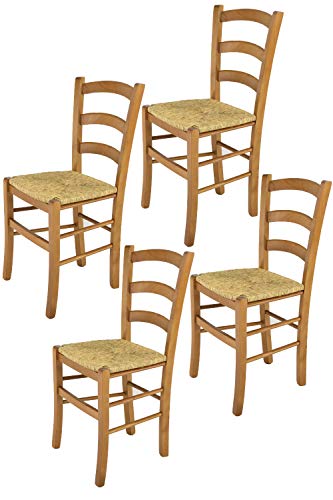 t m c s Tommychairs - 4er Set Stühle Venice für Küche und Esszimmer, robuste Struktur aus lackiertem Buchenholz im Farbton Eichenholz und Sitzfläche aus Stroh von t m c s