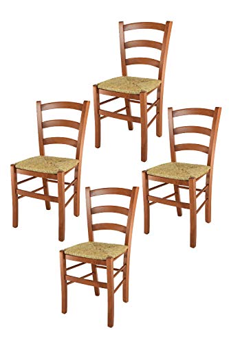 t m c s Tommychairs - 4er Set Stühle Venice für Küche und Esszimmer, robuste Struktur aus lackiertem Buchenholz im Farbton Kirschholz und Sitzfläche aus Stroh von t m c s