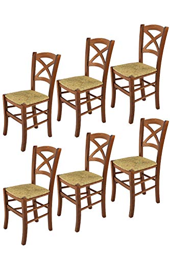 t m c s Tommychairs - 6er Set Stühle Cross für Küche und Esszimmer, Robuste Struktur aus lackiertem Buchenholz im Farbton Helles Nussbraun und Sitzfläche aus Stroh von t m c s