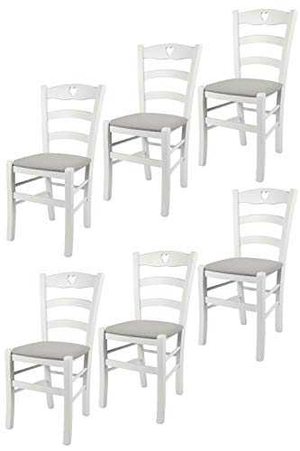 t m c s Tommychairs - 6er Set Stühle Cuore für Küche und Esszimmer, Robuste Struktur aus Buchenholz, deckend Weiss lackiert und gepolsterte Sitzfläche mit Stoff in der Farbe Perlgrau bezogen von t m c s