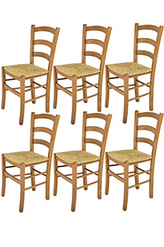 t m c s Tommychairs - 6er Set Stühle Venice für Küche und Esszimmer, robuste Struktur aus lackiertem Buchenholz im Farbton Eichenholz und Sitzfläche aus Stroh von t m c s
