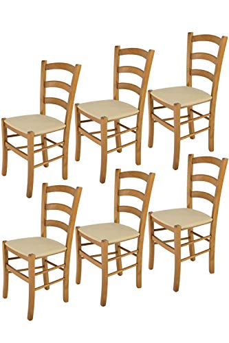 t m c s Tommychairs - 6er Set Stühle Venice für Küche und Esszimmer, robuste Struktur aus lackiertem Buchenholz Farbton Eichenholz und gepolsterte Sitzfläche mit Stoff Farbe Hanf bezogen von t m c s