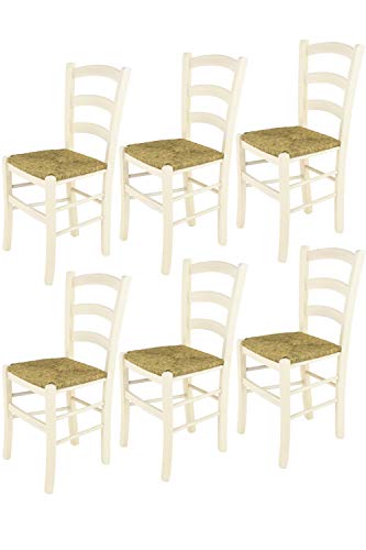 t m c s Tommychairs - 6er Set Stühle Venice für Küche und Esszimmer, robuste Struktur aus lackiertem Buchenholz in Anilinfarbe Weiss und Sitzfläche aus Stroh von t m c s