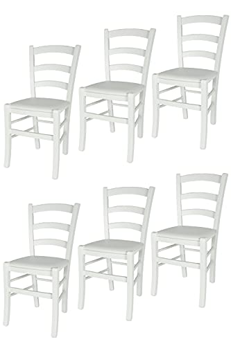 t m c s Tommychairs - 6er Set StühleVENEZIA für Küche und Esszimmer, Robuste Struktur aus Buchenholz, deckend Weiss lackiert und gepolsterte Sitzfläche mit Kunstleder in der Farbe Weiß bezogen von t m c s