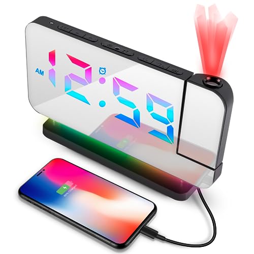 tEEZErshop Projektionswecker, Wecker mit Projektion 180 °mit Farbwechsel Nachtlicht, Farbwechsel Digital Wecker mit USB-Anschluss großem LED-Anzeige Snooze Dual-Alarm,6 Projektionshelligkeit von tEEZErshop