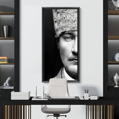 tabloshop Halbes Gesicht Atatürk Leinwand, mutige Schwarz-Weiß Leinwand Wandkunst - Perfekt für moderne Heim- und Bürodekoration, Geschenkidee (Schwarzer Rahmen, 70 x 140 cm) von tabloshop