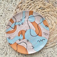 Mid Century Modern Dahlia Terra Cotta Handbemalte Keramikplatte | Boho Keramik Dekoratives Tablett Wüsten Herzstück Kunst Teller von taelormadedesignsco