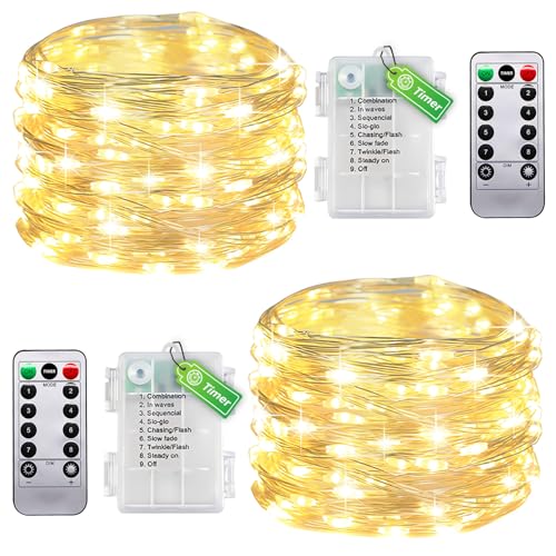 taiyongkang 2er Pack Draht Lichterkette Innen Batterie mit Timer & Fernbedienung - 11m 100LED Warmweiß - Kleine Lichterkette für Schlafzimmer, Weihnachten, Hochzeit - Auch Outdoor Nutzbar von taiyongkang