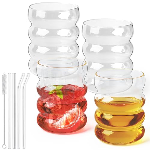 Geriffelte Trinkgläser mit Glasstrohhalmen, Set aus 4 Stück 350 ml Eiskaffee-Gläser, Wellen-Gläser,Tumbler,Wassergläser,Longdrink-Gläser,Trinkgläser für Cocktails,Wasser,Limonade,Geschenk mit von talifoca