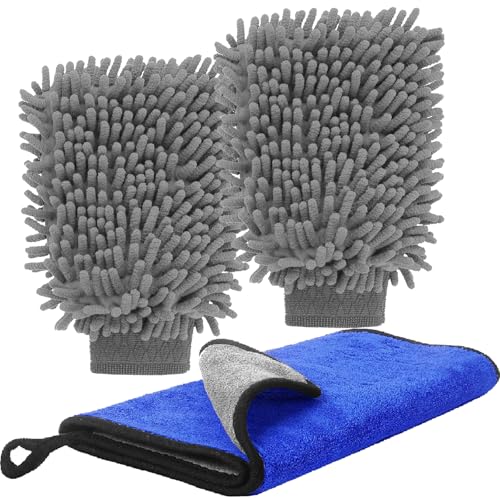 Auto Waschhandschuh und Mikrofaser Reinigungstüch, Zottelhandschuh Koralle Chenille Wasch Handschuh mit Reinigungstuch Poliertücher Trokentuch für Autowäsche Küche,3 Stücke von tallkeey
