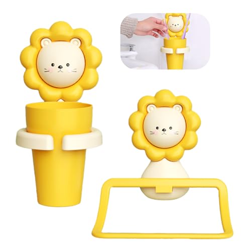 Tangger 2PCS Zahnbürstenhalter Kinder Kinderzahnbürstenhalter mit Tasse Handtuchhalter für Kinder zahnputzbecher mit zahnbürstenhalter Cartoon (Löwe) von tangger