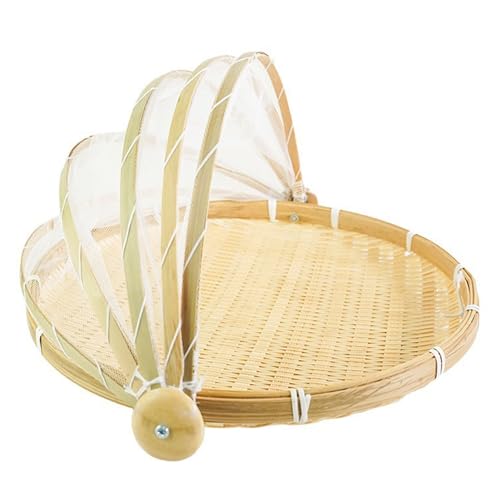 Bambus Picknick Korb Mit Fliegenhaube - Abdeckhaube für Essen, Brot, Obst, Gemüse - Runde Speise, Käse, Kuchen Abdeckhauben - Gaze Mesh Lebensmittel Zelt Abdeckung Servierkorb (30cm) von tangqindianzi