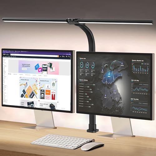 Doppelkopf Schreibtischlampe LED Dimmbar,24W 80CM Schreibtischlampen klemmbar,5 Farb 5 Helligkeitsstufen Tageslichtlampe Schreibtisch,Verstellbarer Schwanenhals Bürolampe Augenschutz Monitor Lampe von tantu