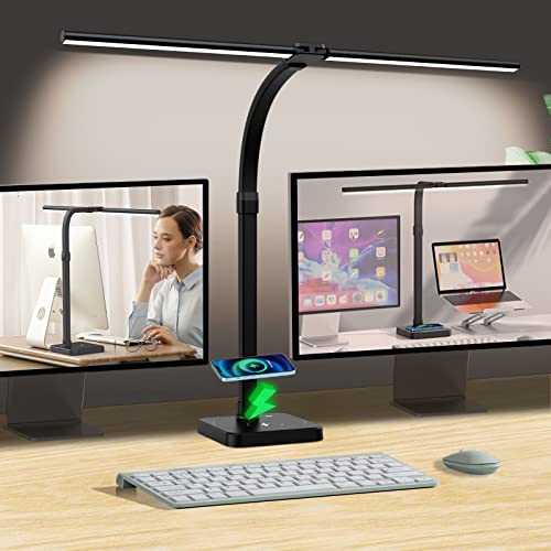 tantu Schreibtischlampe Led Dimmbar,SchreibtischLampe mit 15W Wireless Charging und USB Ladefunktion,24W 80CM Doppelkopf Schreibtisch Lampe,5 Farb 5 Helligkeitsstufen Bürolampe Schwanenhals (Schwarz) von tantu