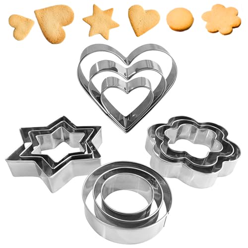 Ausstechformen, 12 Stück Backset Keksformen Edelstahl Cookie Cutter Rund Herz Stern Blüten Plätzchenausstecher PläTzchenformen für Plätzchen Keks Gebäck Fondant Plätzchen Weihnachten DIY Backform von taobosec