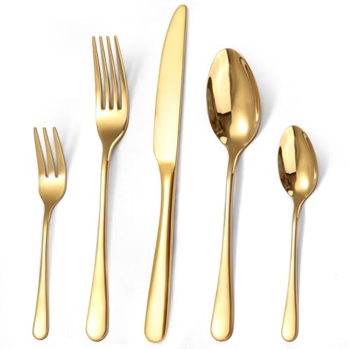 Targizer Besteck Set 6 Personen, 30 teilig Edelstahl Gold Besteck Set Glänzendes Essbesteck Set mit Messer Gabel Löffel, Hochwertiges Edelstahlbesteck, Spülmaschinenfest. von targzier