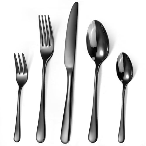 Targizer Besteck Set 6 Personen,Schwarzes Besteck,30 teilig Besteck Schwarz aus Edelstahl,Bestecksets Schwarz mit Messer,Gabel und Löffel,Hochglanzpoliert&Spülmaschinenfest von targzier