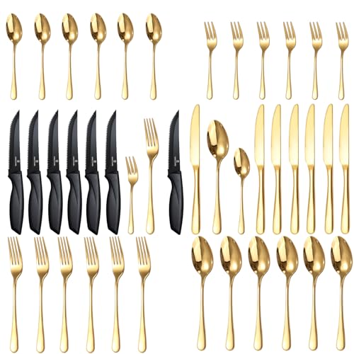 Targzier 36 teiliges Gold Besteckset,mit Schwarz Steakmesser,Edelstahl Besteck Set für 6 Personen,Spülmaschinenfest Essbesteck,Hochglanzpoliert Besteck Sets mit Messer Gabel Löffel von targzier