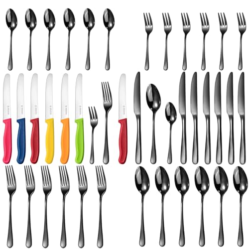 Targzier 36 teiliges Schwarz Besteckset mit Bunte Frühstücksmesser,Edelstahl Besteck Set für 6 Personen,Hochglanzpoliert Essbesteck Set mit Messer Gabel Löffel,Spülmaschinenfest Tafelbesteck Targzier 36 teiliges Schwarz Besteckset mit Bunte Frühstücksmesser,Edelstahl Besteck Set für 6 Personen,Hochglanzpoliert Essbesteck Set mit Messer Gabel Löffel,Spülmaschinenfest Tafelbesteck von targzier