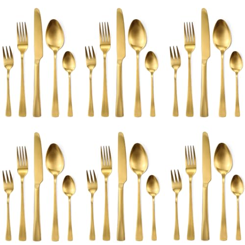 Targzier Besteck Set 6 Personen,30-teiliges Edelstahl Besteckset,Matt Goldenes Besteckset mit Messer Gabel Löffel,Hochwertiges Edelstahlbesteck, Spülmaschinenfest von targzier