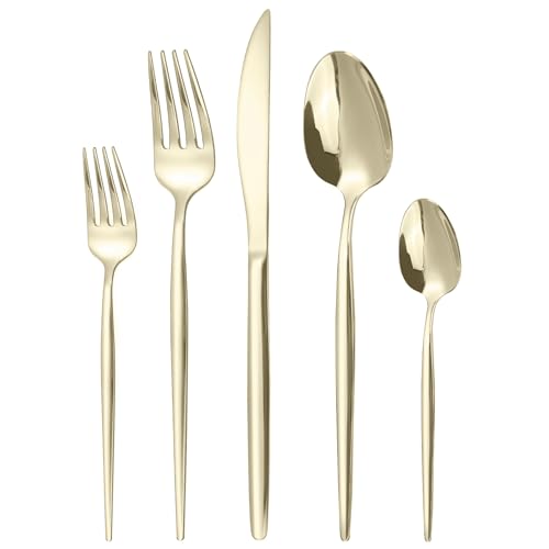 Targzier Besteck Set für 12 Personen,60 teilig Champagner Gold Essbesteck Sets,Edelstahl Messer,Gabel,Löffel Set,Hochglanzpoliert Besteck sets,Glänzendes Tafelbesteck,Spülmaschinenfest von targzier