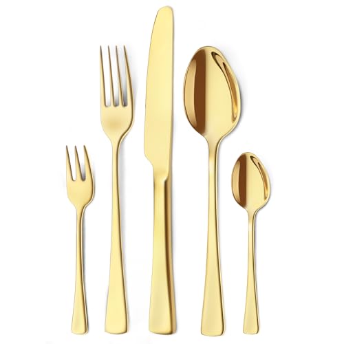 Targzier Goldenes Besteck Set 6 Personen, 30 teilig Besteck Set Gold aus Edelstahl, Glänzendes Goldenes Besteckset mit Messern, Gabeln und Löffeln, hochglanzpoliert und spülmaschinenfest von targzier