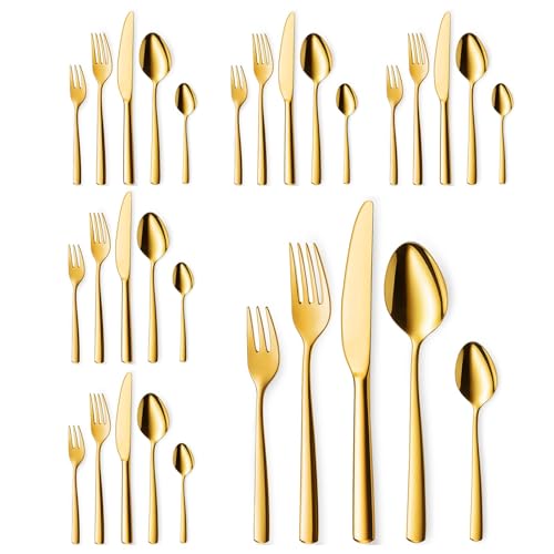 Targzier Goldenes Besteck Set 6 Personen, 30 teilig Besteck Set Gold aus Edelstahl, Glänzendes Goldenes Besteckset mit Messern, Gabeln und Löffeln, Besteck Spülmaschinenfest von targzier