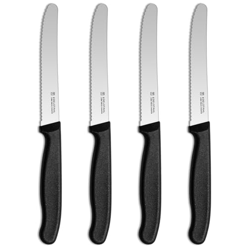 targzier Frühstücksmesser 4 Stück,Hochwertiges Brötchenmesser Set,Scharfe Messer mit Wellenschliff,Edelstahl Schneidemesser,Kunststoffgriff Tomatenmesser,Schwarzes Messerset von targzier