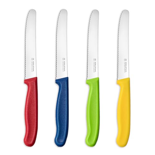 targzier Frühstücksmesser 4 Stück,Tafelmesser Wellenschliff,Messerset Scharfe,Mehrfarbig Messer Set,Kunststoffgriff Tomatenmesser,Brotmesser Klein,Rostfreier Stahl Jausenmesser,Bunt von targzier